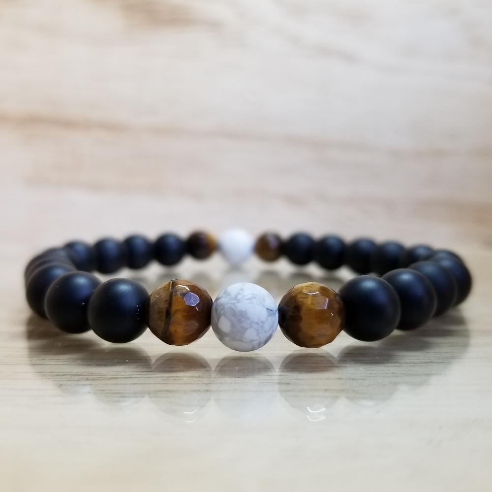 Tiger Eye, Howlite & Onyx Beaded Stretch Bracelet